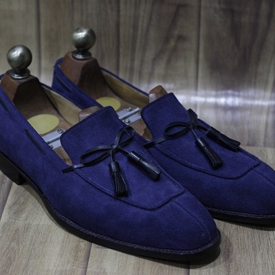 New handmade men's leather shoes navy blue suede leather loafer stylish teasel slip on moccasin shoes