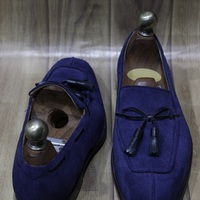 New Handmade Men's Leather Shoes Navy Blue Suede Leather Loafer Stylish Teasel Slip On Moccasin Shoes - Thumbnail 2