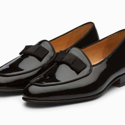 New handmade men's bespoke black patent loafers shoes - Thumbnail 1