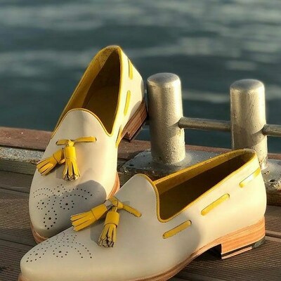 Men's handmade gray & tan leather tassels slip ons