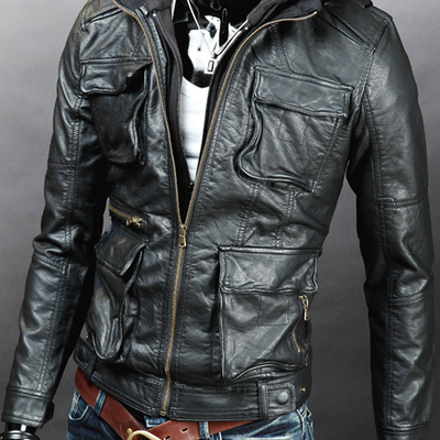 Men's handmade detachable fabric hooded leather jacket, biker leather jacket men - Thumbnail 5
