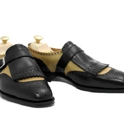 Handmade men two tone monk shoes, men formal shoes, men ivory and black shoes