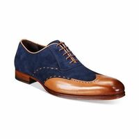 New Handmade mens wingtip Tan and Navy blue suede and leather formal shoes - Thumbnail 1