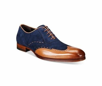New Handmade mens wingtip Tan and Navy blue suede and leather formal shoes