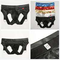 2PK Sexy Gay Mens Underwear Faux Leather Low-rise Cut-out Briefs Underpants MJ2317 - Thumbnail 7