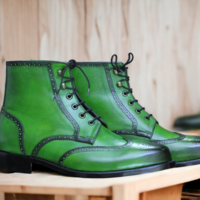 Handmade Ankle High Green Genuine Leather Boot, Men's Formal Boot - Thumbnail 1