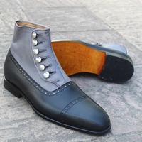 Crafted Leather Handmade Dress Shoes Black Gray Leather Button Ankle High Boot - Thumbnail 2