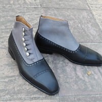 Crafted Leather Handmade Dress Shoes Black Gray Leather Button Ankle High Boot - Thumbnail 4