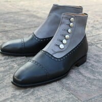 Crafted Leather Handmade Dress Shoes Black Gray Leather Button Ankle High Boot - Thumbnail 5