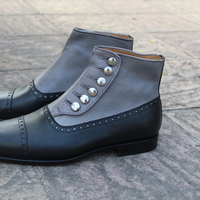 Crafted Leather Handmade Dress Shoes Black Gray Leather Button Ankle High Boot - Thumbnail 7