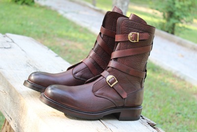 Crafted Leather Classic Dress Shoes Burgundy Leather Military Strap Ankle High Boot