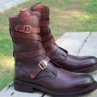 Crafted Leather Classic Dress Shoes Burgundy Leather Military Strap Ankle High Boot - Thumbnail 2