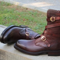 Crafted Leather Classic Dress Shoes Burgundy Leather Military Strap Ankle High Boot - Thumbnail 4