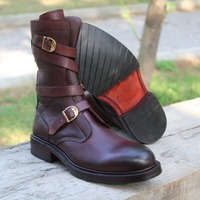 Crafted Leather Classic Dress Shoes Burgundy Leather Military Strap Ankle High Boot - Thumbnail 5