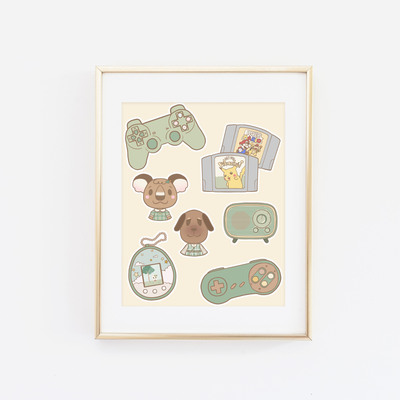 Cozy gaming supplies in green b collage print
