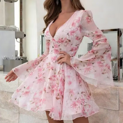 Long sleeve flower deep v-neck dress