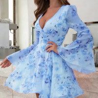 Long Sleeve Flower Deep V-Neck Dress - Thumbnail 4