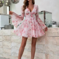 Long Sleeve Flower Deep V-Neck Dress - Thumbnail 5