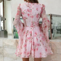 Long Sleeve Flower Deep V-Neck Dress - Thumbnail 7