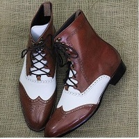 Men's Ankle High Boot, Criss Cross Lace Up Wing Tip Brogue Boot - Thumbnail 1