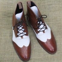 Handmade Ankle High Boot, Criss Cross Lace Up Wing Tip Brogue Boot For Men's - Thumbnail 2