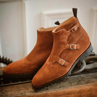 Handmade Men's Brown Suede Tripple Monk Strap Ankle High Boot - Thumbnail 1
