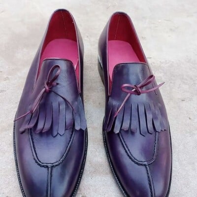Crafted leather purple leather fringes tassel loafers dress shoes - Thumbnail 3