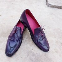 Crafted Leather Purple Leather Fringes Tassel Loafers Dress Shoes - Thumbnail 1