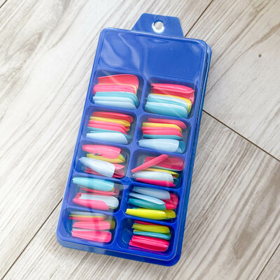 Colorful COFFIN Nail Tip, Press On Nail Pure Color Full Cover Nail, Blue, Pink, & Yellow