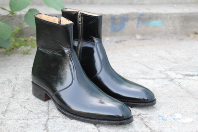 Crafted Leather Bespoke Men Dress Shoes Glassy Black Patent Leather Side Zipper Jodhpur Boot