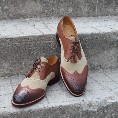 Crafted leather handmade brown leather beige suede ghillie lacing wingtip oxford dress shoes - Thumbnail 3