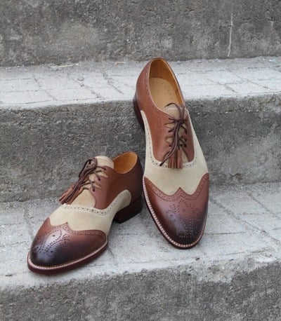Crafted Leather Handmade Brown Leather Beige Suede Ghillie Lacing Wingtip Oxford Dress Shoes