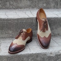 Crafted Leather Handmade Brown Leather Beige Suede Ghillie Lacing Wingtip Oxford Dress Shoes - Thumbnail 6