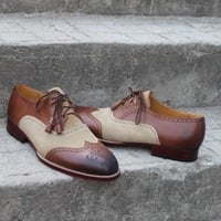 Crafted Leather Handmade Brown Leather Beige Suede Ghillie Lacing Wingtip Oxford Dress Shoes - Thumbnail 7