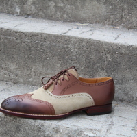 Crafted Leather Handmade Brown Leather Beige Suede Ghillie Lacing Wingtip Oxford Dress Shoes - Thumbnail 8