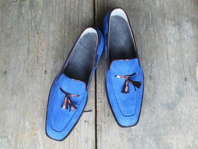 Men's Handmade Suede Leather Blue Shoes Loafer Party Tussles Style Leather Sole