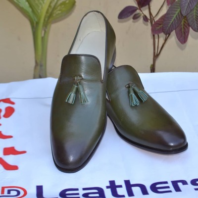 New men's handmade leather olive color loafers 