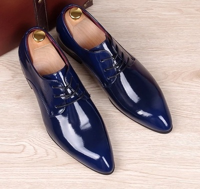 Patent Genuine Leather Shiny Blue Derby Toe Wedding Party Wear Handmade Shoes