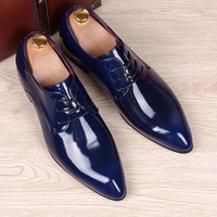 Patent Genuine Leather Shiny Blue Derby Toe Wedding Party Wear Handmade Shoes - Thumbnail 1