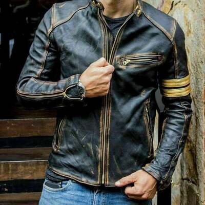 Men's stmen’s motorcycle biker vintage cafe racer distressed black real leather