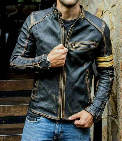 Men's StMen’s Motorcycle Biker Vintage Cafe Racer Distressed Black Real Leather