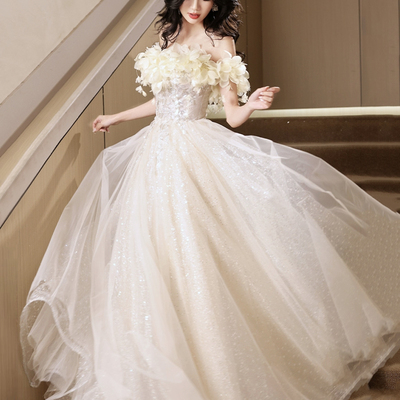 Champagne tulle long prom dress, off the shoulder evening party dress - Thumbnail 1