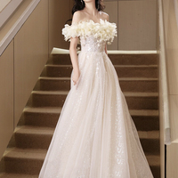 Champagne Tulle Long Prom Dress, Off the Shoulder Evening Party Dress - Thumbnail 1