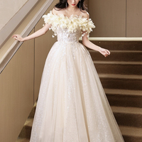 Champagne Tulle Long Prom Dress, Off the Shoulder Evening Party Dress - Thumbnail 2