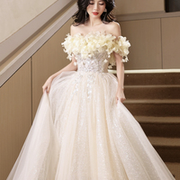 Champagne Tulle Long Prom Dress, Off the Shoulder Evening Party Dress - Thumbnail 3