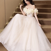 Champagne Tulle Long Prom Dress, Off the Shoulder Evening Party Dress - Thumbnail 4