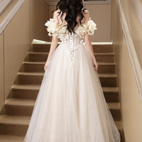 Champagne Tulle Long Prom Dress, Off the Shoulder Evening Party Dress - Thumbnail 5