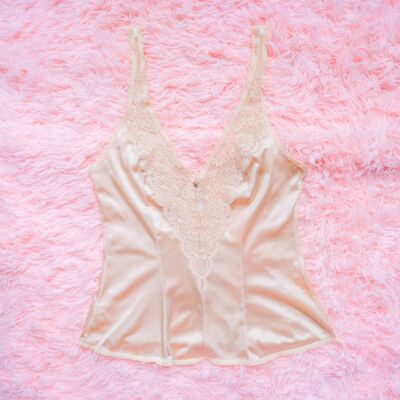 Vintage Coquette Camisole | Beige Satin Nylon Lace Trim Top 80s 90s | Y2k Kasara Bust Pink Cami