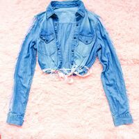 Upcycled Denim Coquette Cropped Jacket | Vintage Reconstructed XS-S | Pink Ribbon Waist Detail - Thumbnail 1