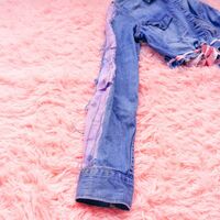 Upcycled Denim Coquette Cropped Jacket | Vintage Reconstructed XS-S | Pink Ribbon Waist Detail - Thumbnail 5